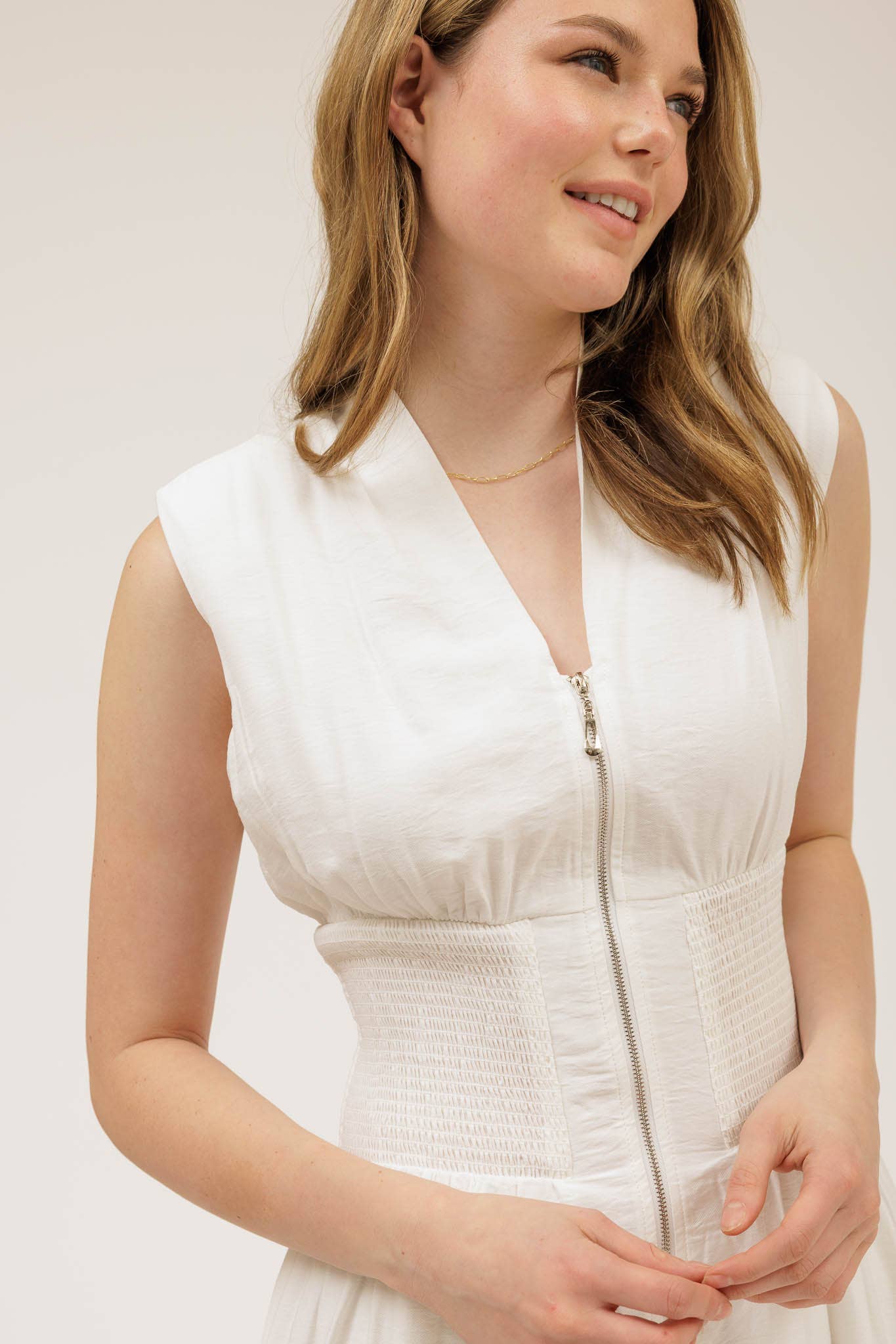 Sylvia SLEEVELESS ZIP-UP SMOCKED WAIST MIDI DRESS