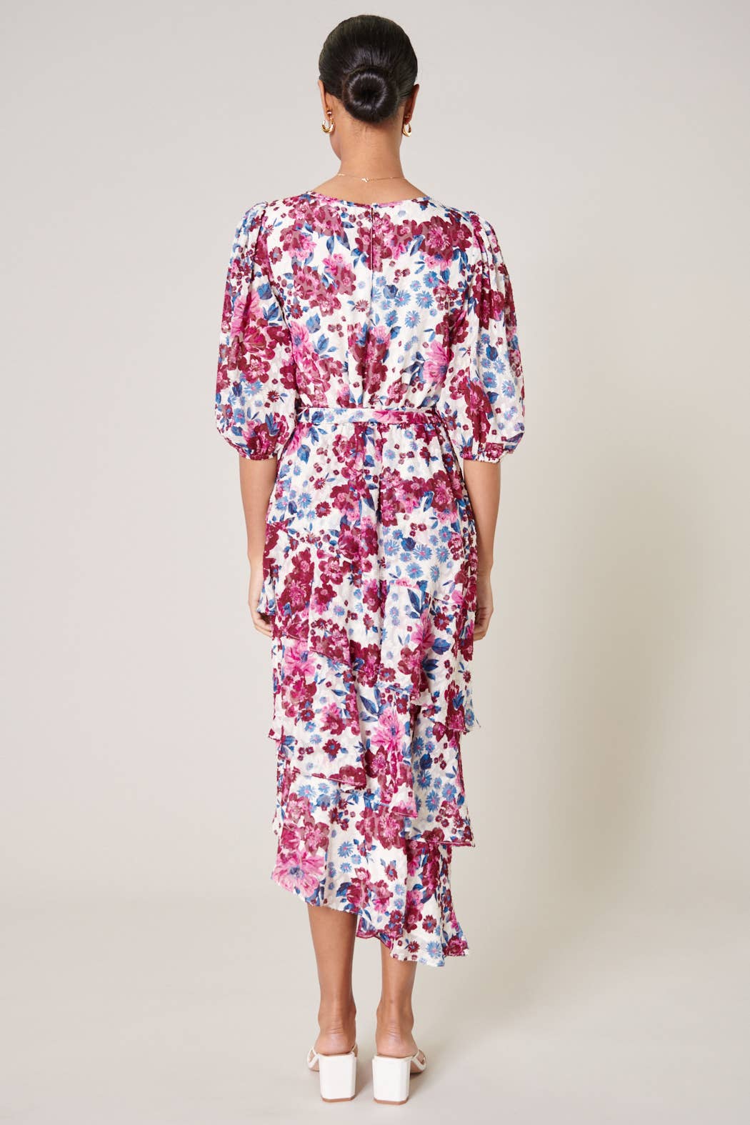 Monique Floral Asymmetrical Ruffle Celia Midi Dress