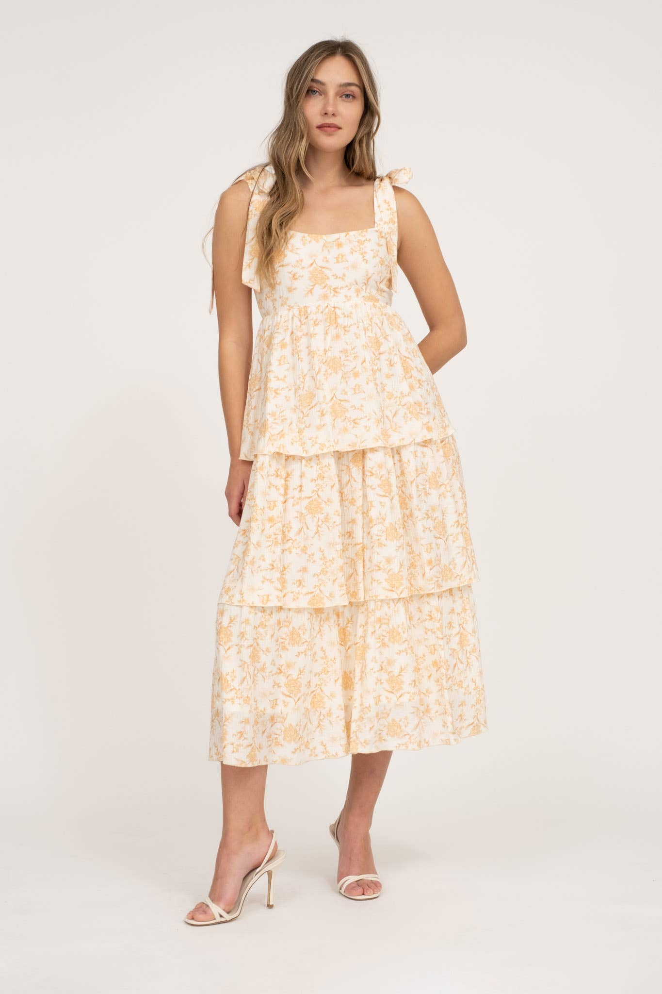 FELICITY FLORAL TIE STRAP RUFFLE TIERED MIDI DRESS