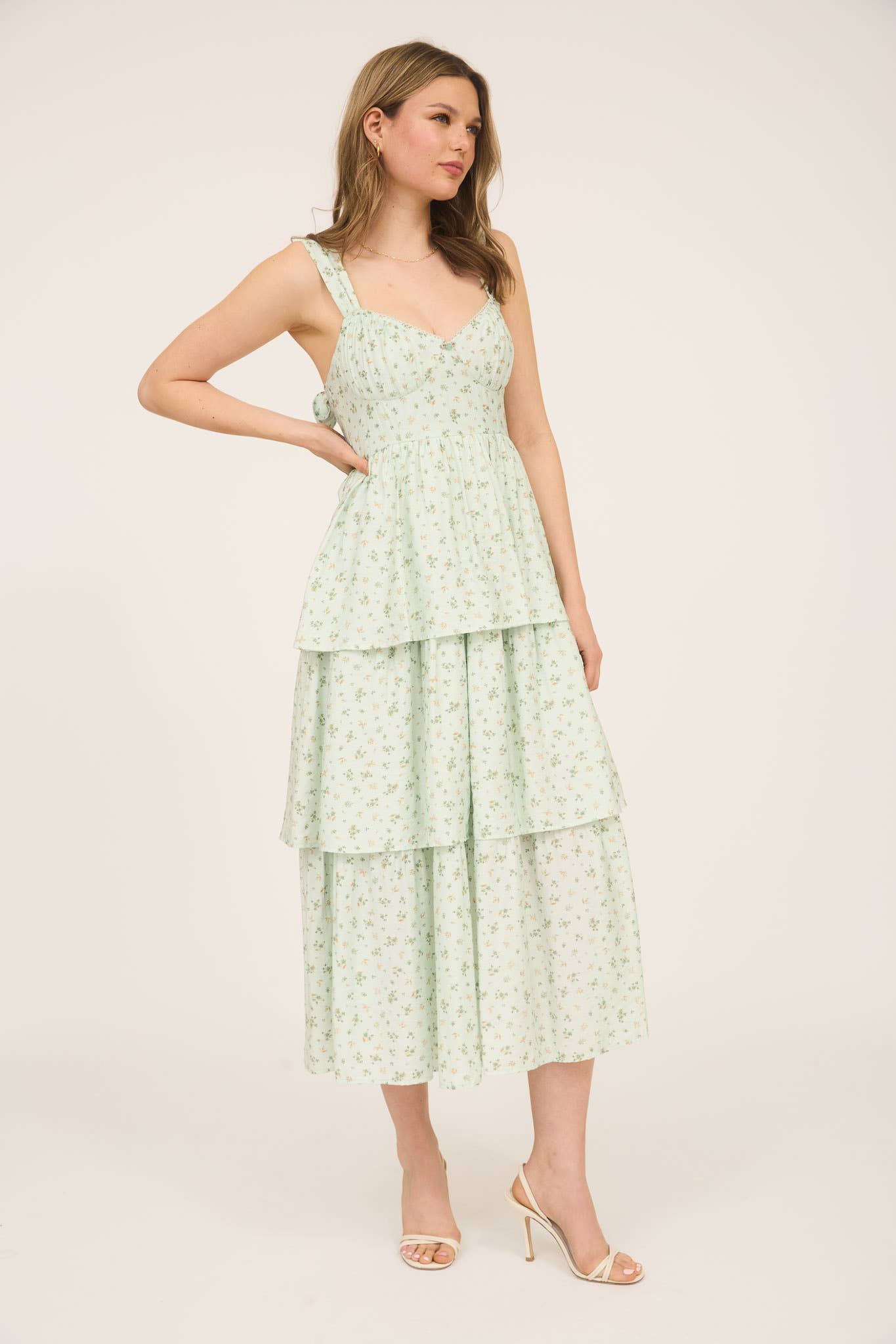 Fabiola FLORAL SLEEVELESS CORSET RUFFLE TIERED MIDI DRESS