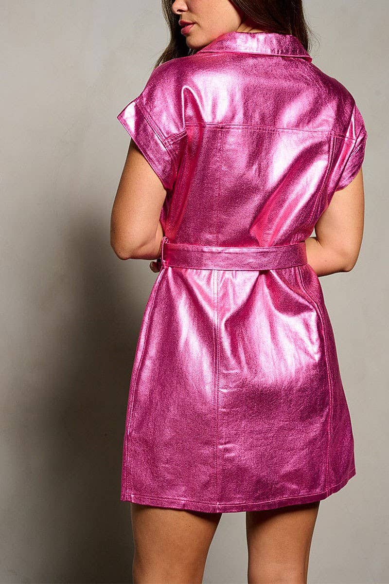SHORT SLEEVE BUTTON UP SELF TIE MELONY METALLIC DRESS