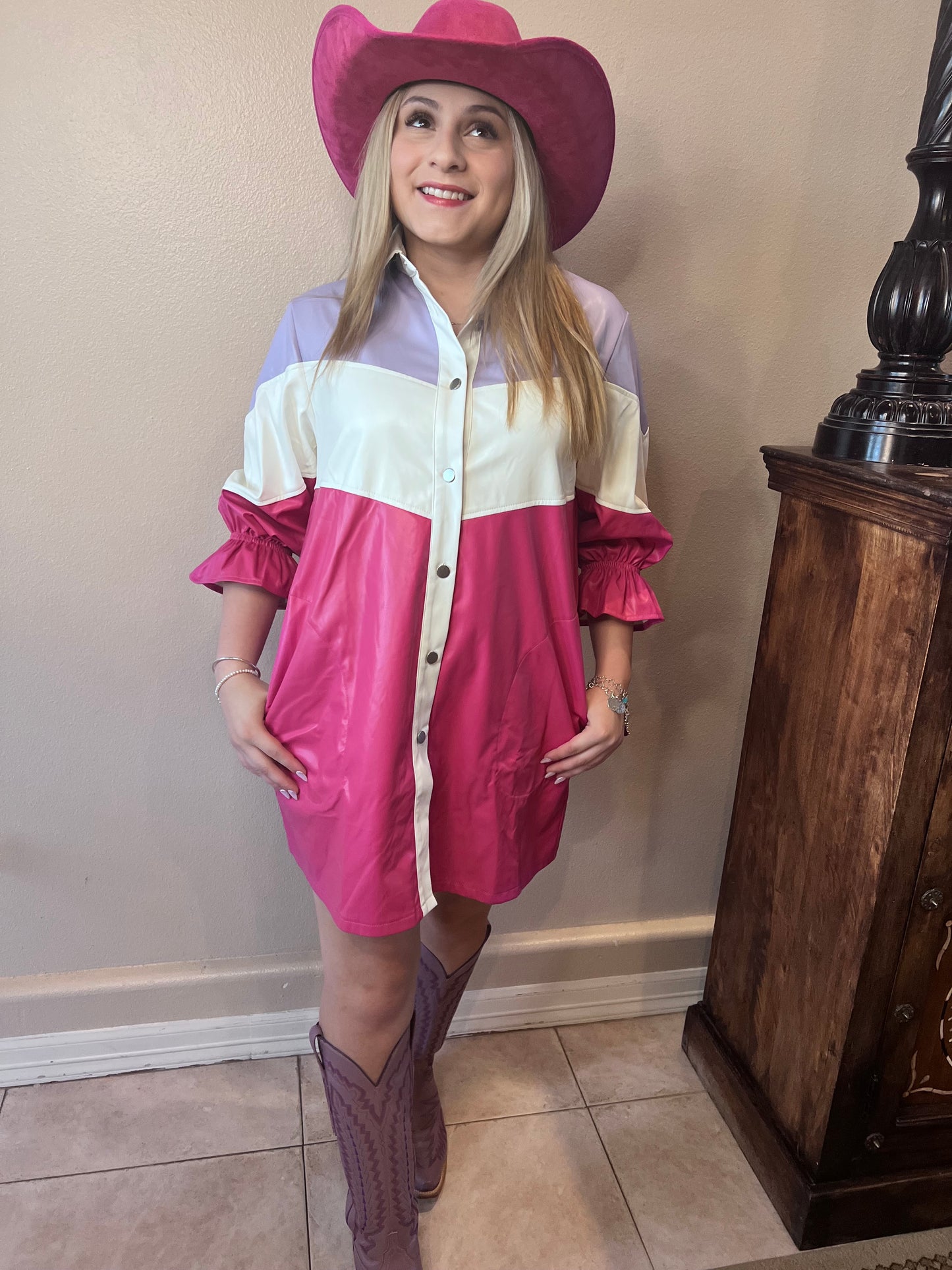 Color block faux leather shirt dress
