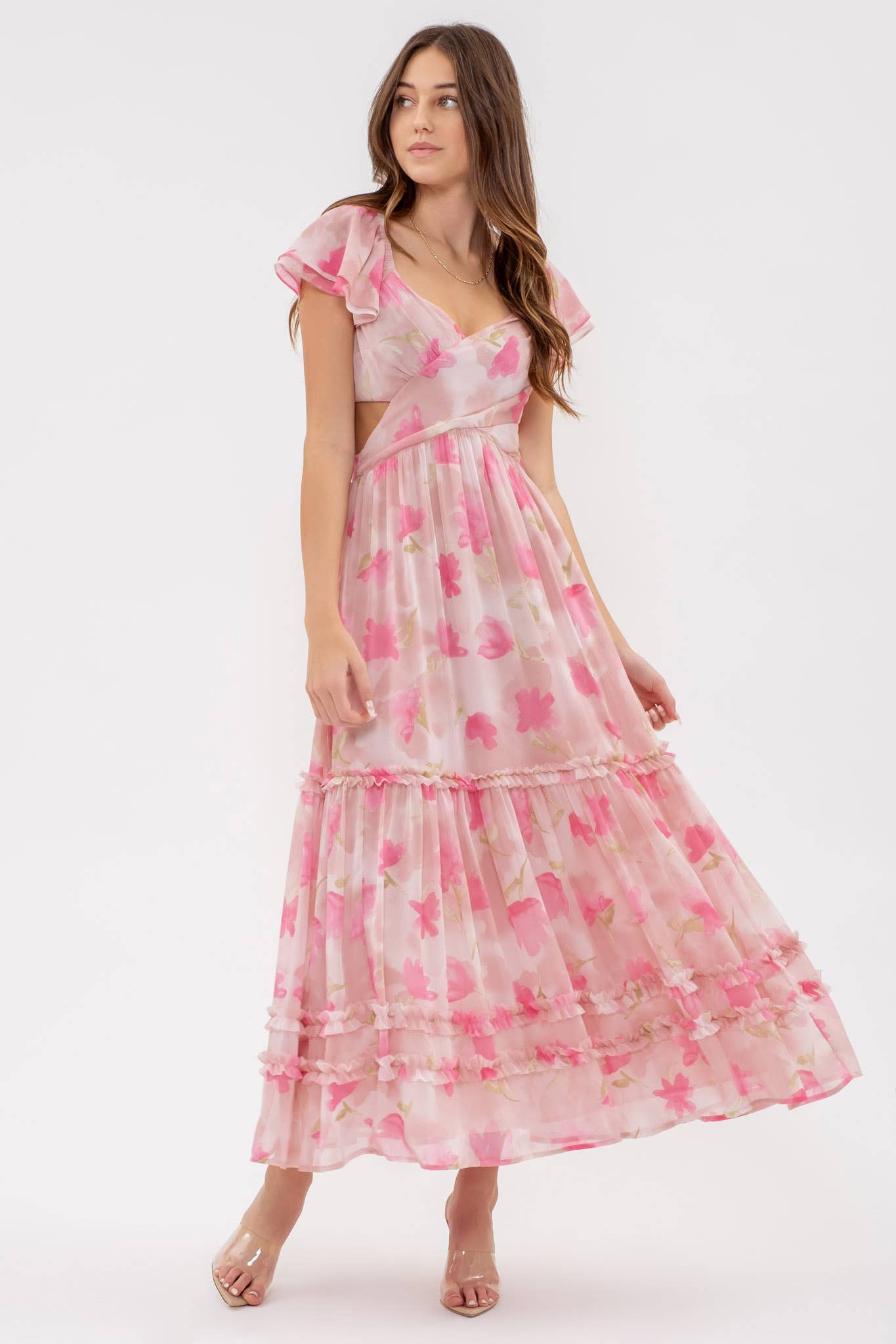 SASHA WAIST CUT OUT RUFFLE MIDI DRESS