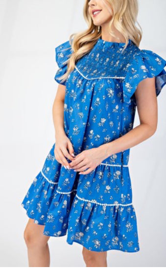 Sadie smocked neck flutter sleeve dress