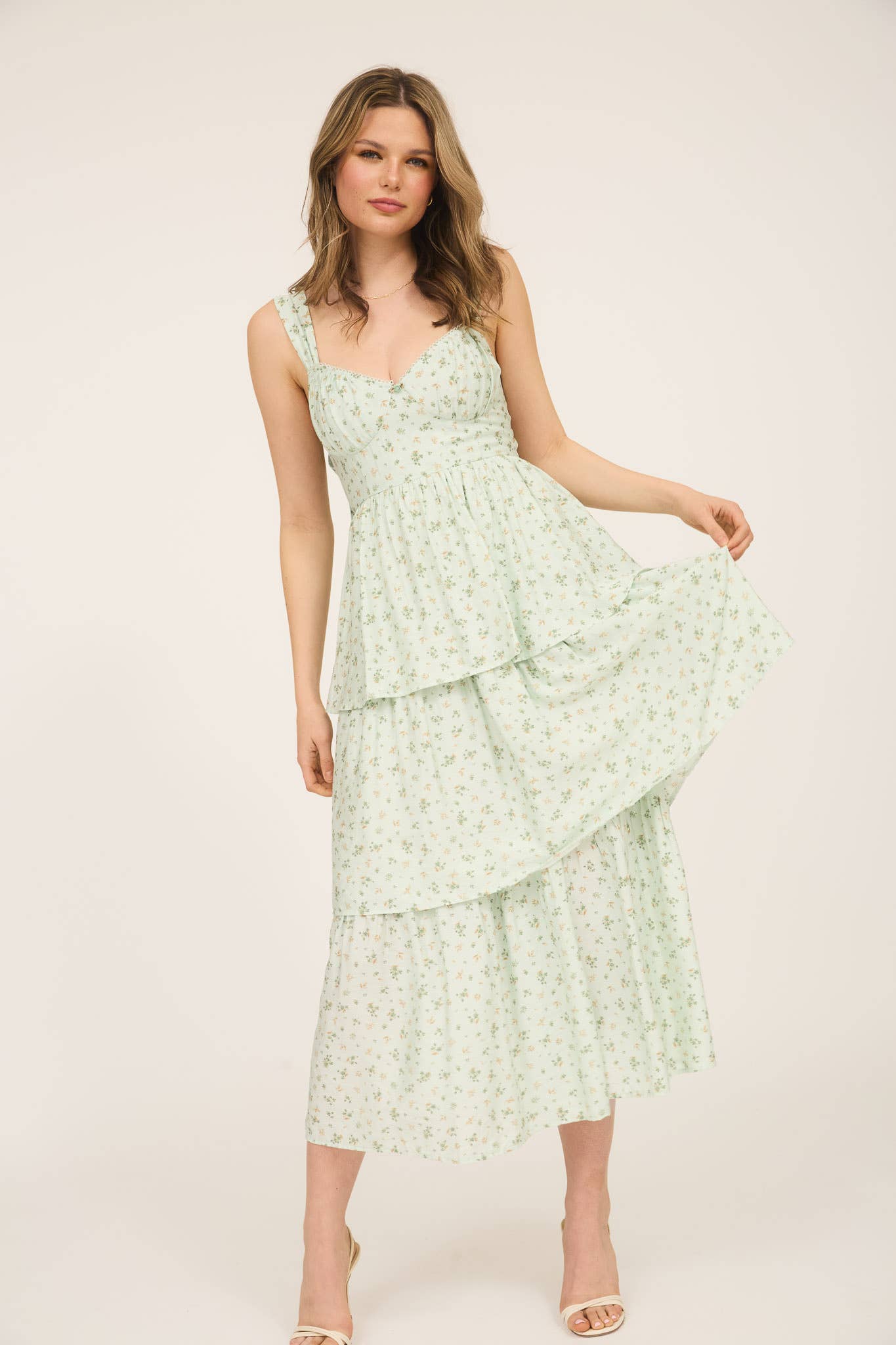 Fabiola FLORAL SLEEVELESS CORSET RUFFLE TIERED MIDI DRESS