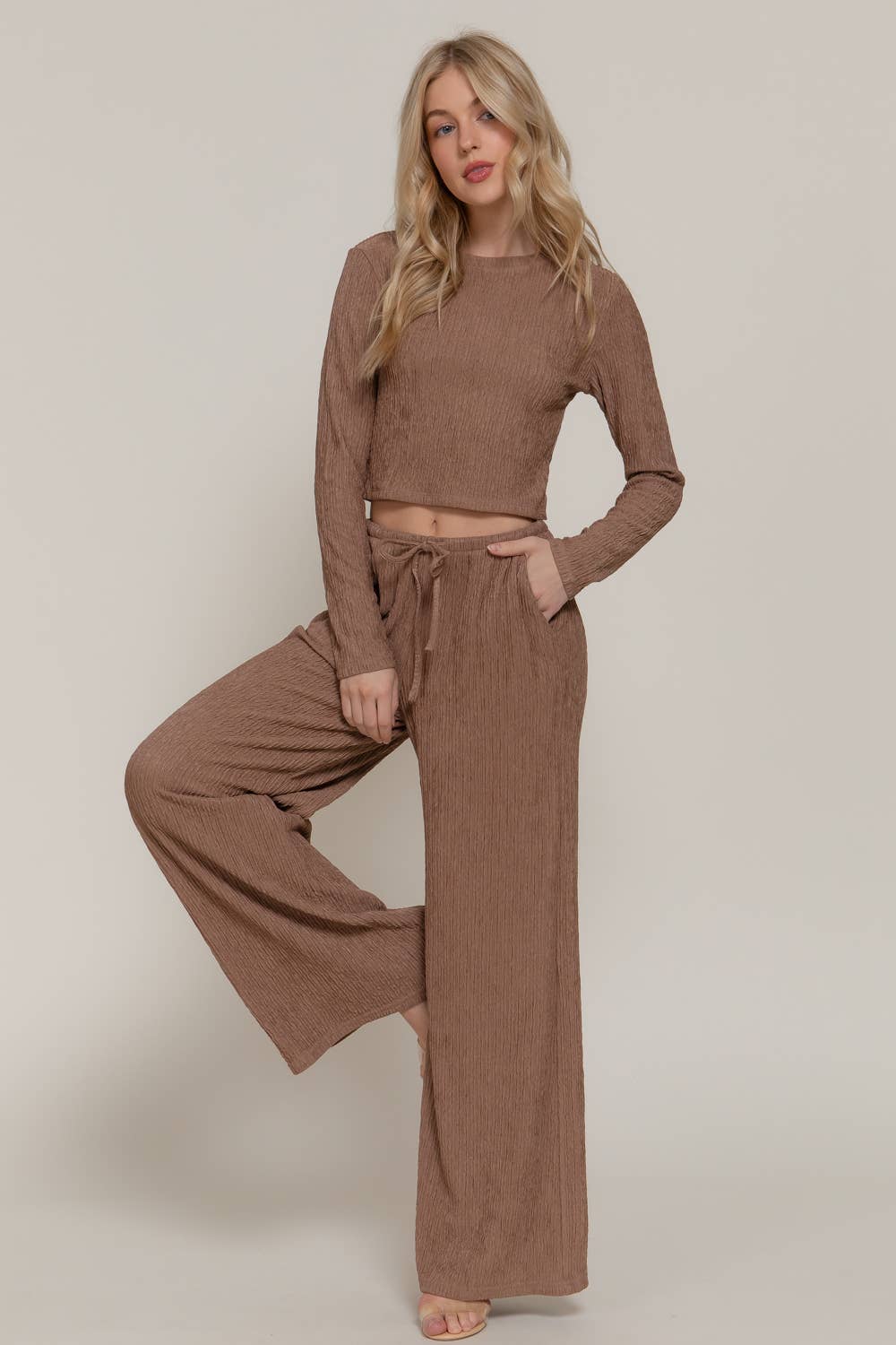 LOUNGE SET Long Sleeve Crew Neck Top & Waist Tie Long Pants Set
