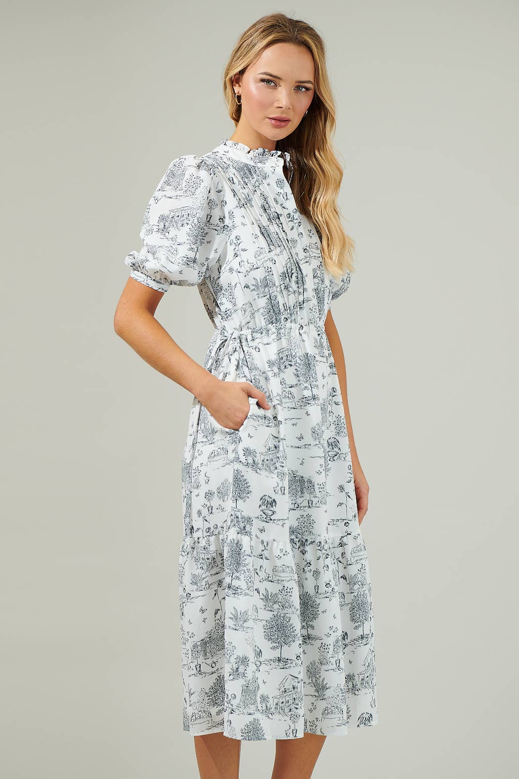 Renzo Toile Pleated Midi Dress