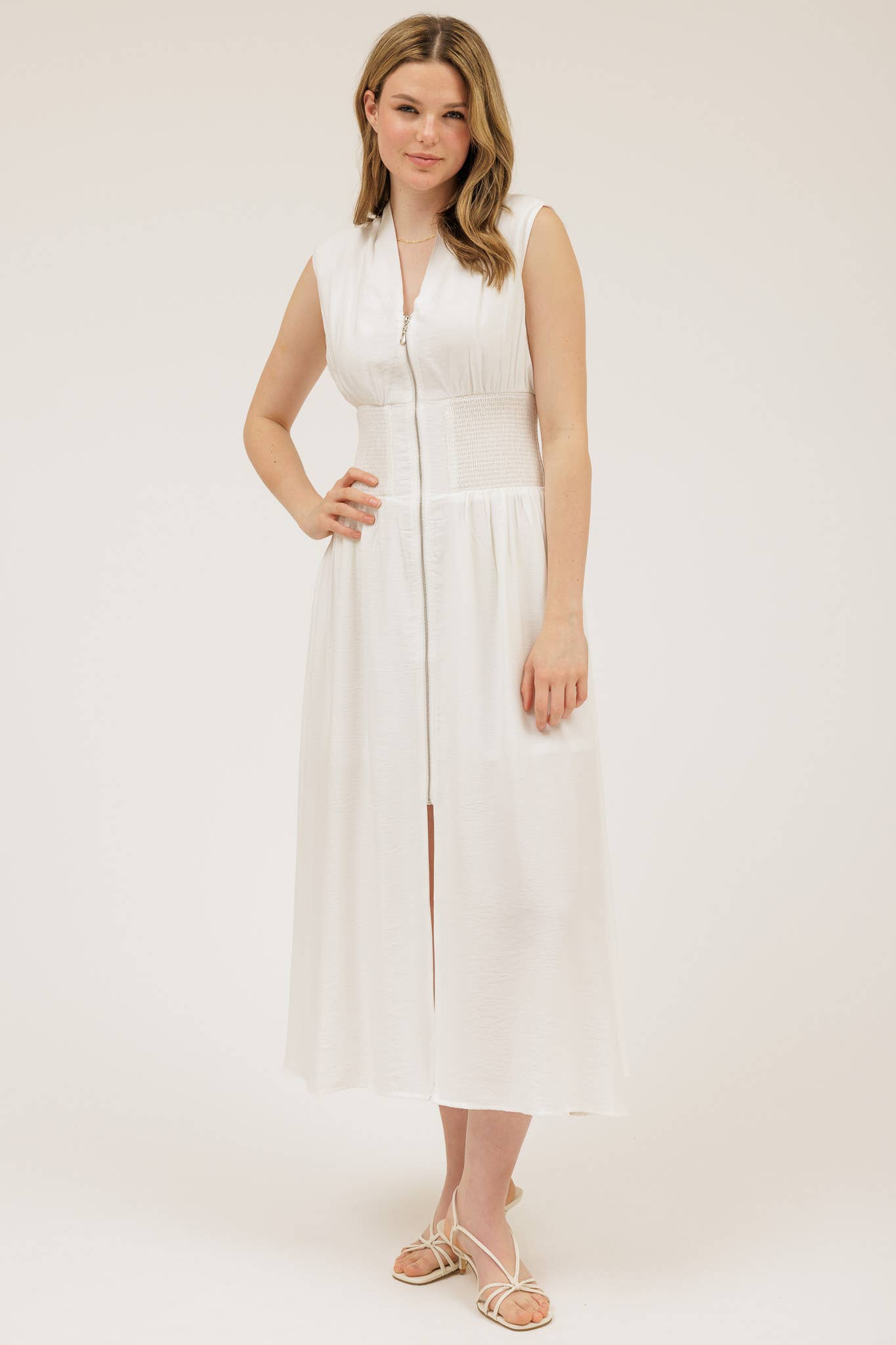 Sylvia SLEEVELESS ZIP-UP SMOCKED WAIST MIDI DRESS