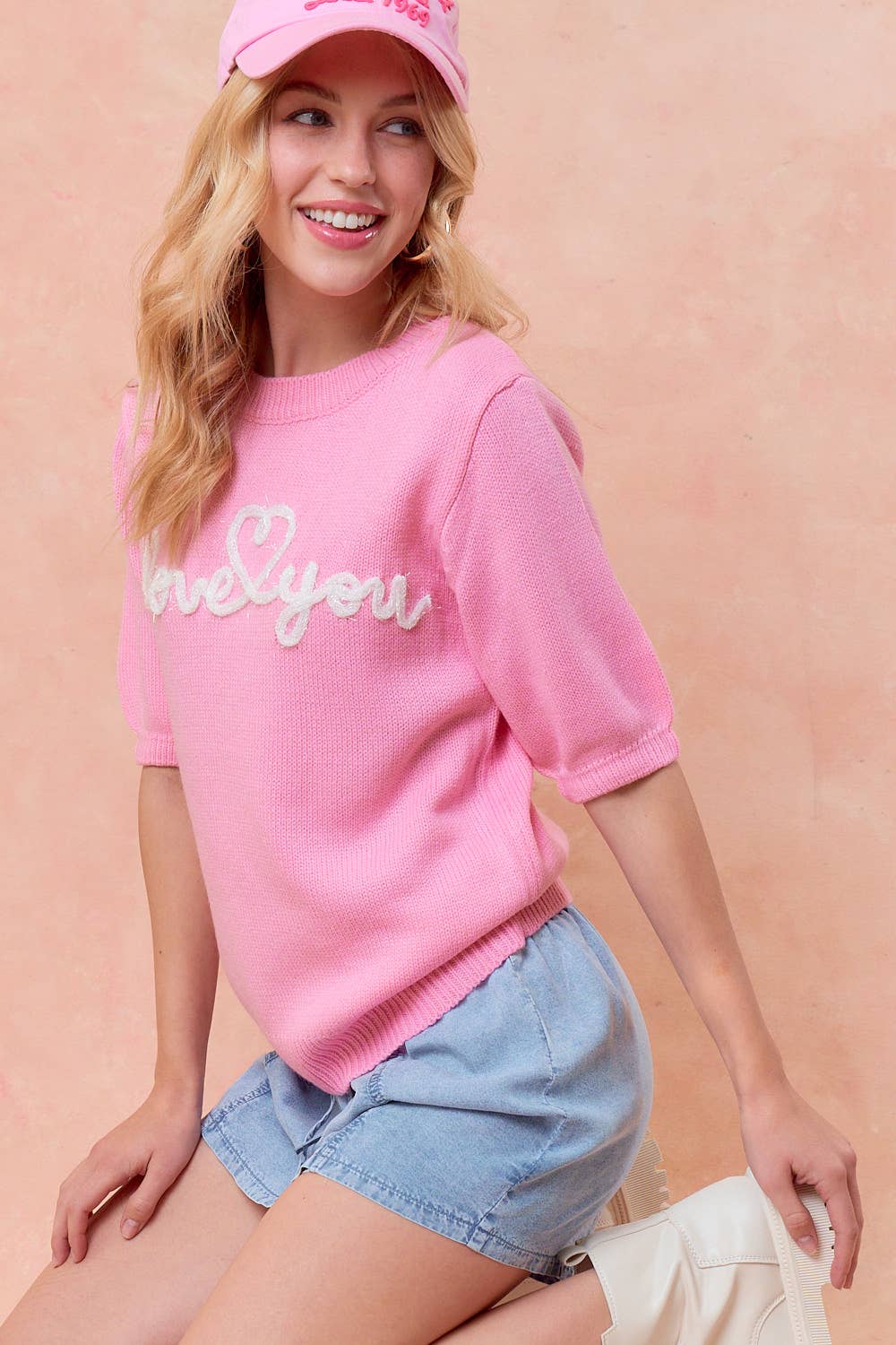 LOVE YOU Embroidery Puff Short Sleeve Sweater Top -