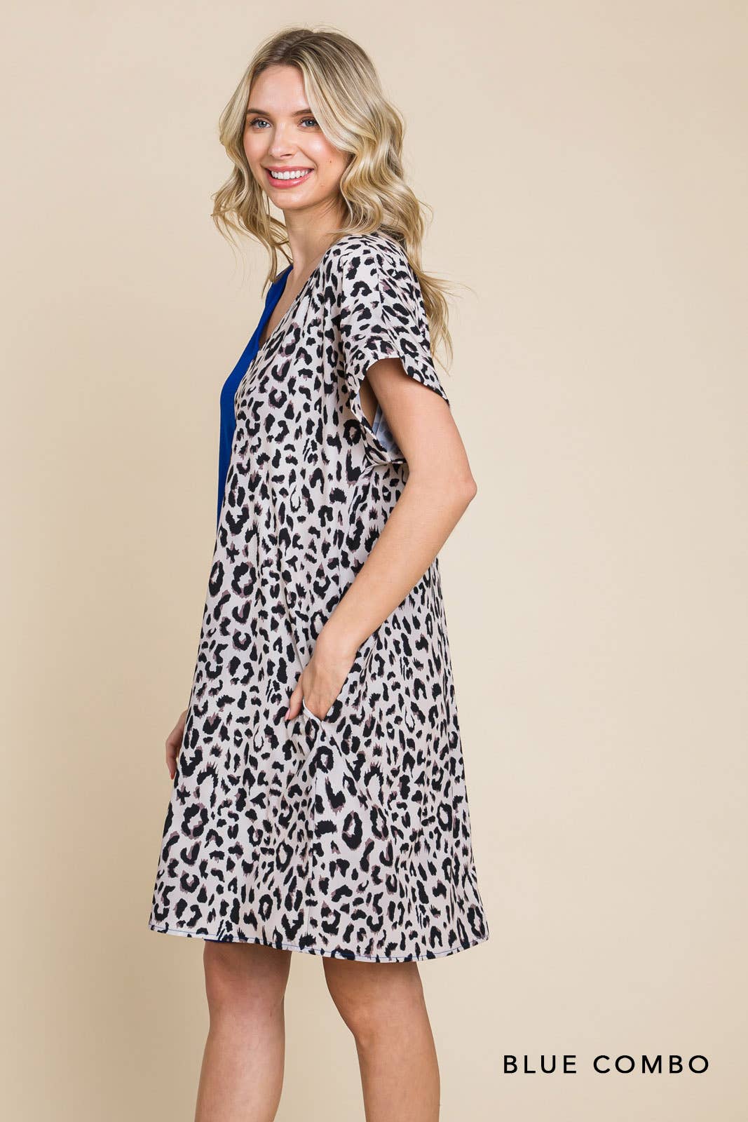 20346W-Air Flow & Leopard Print Color Block V Neck Dress