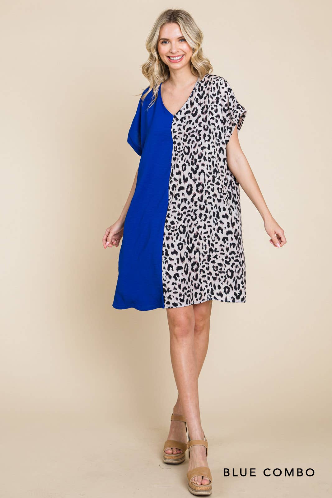 20346W-Air Flow & Leopard Print Color Block V Neck Dress