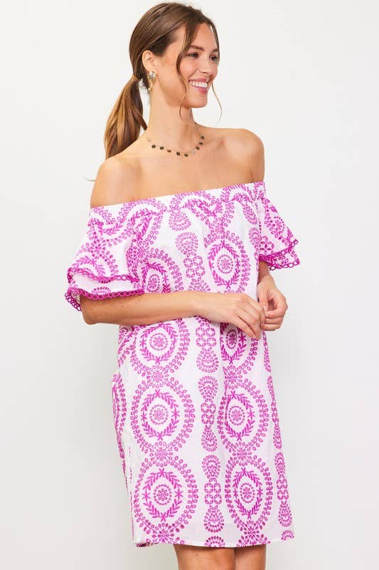 Elle Embroidered Eyelet Off Shoulder Dress