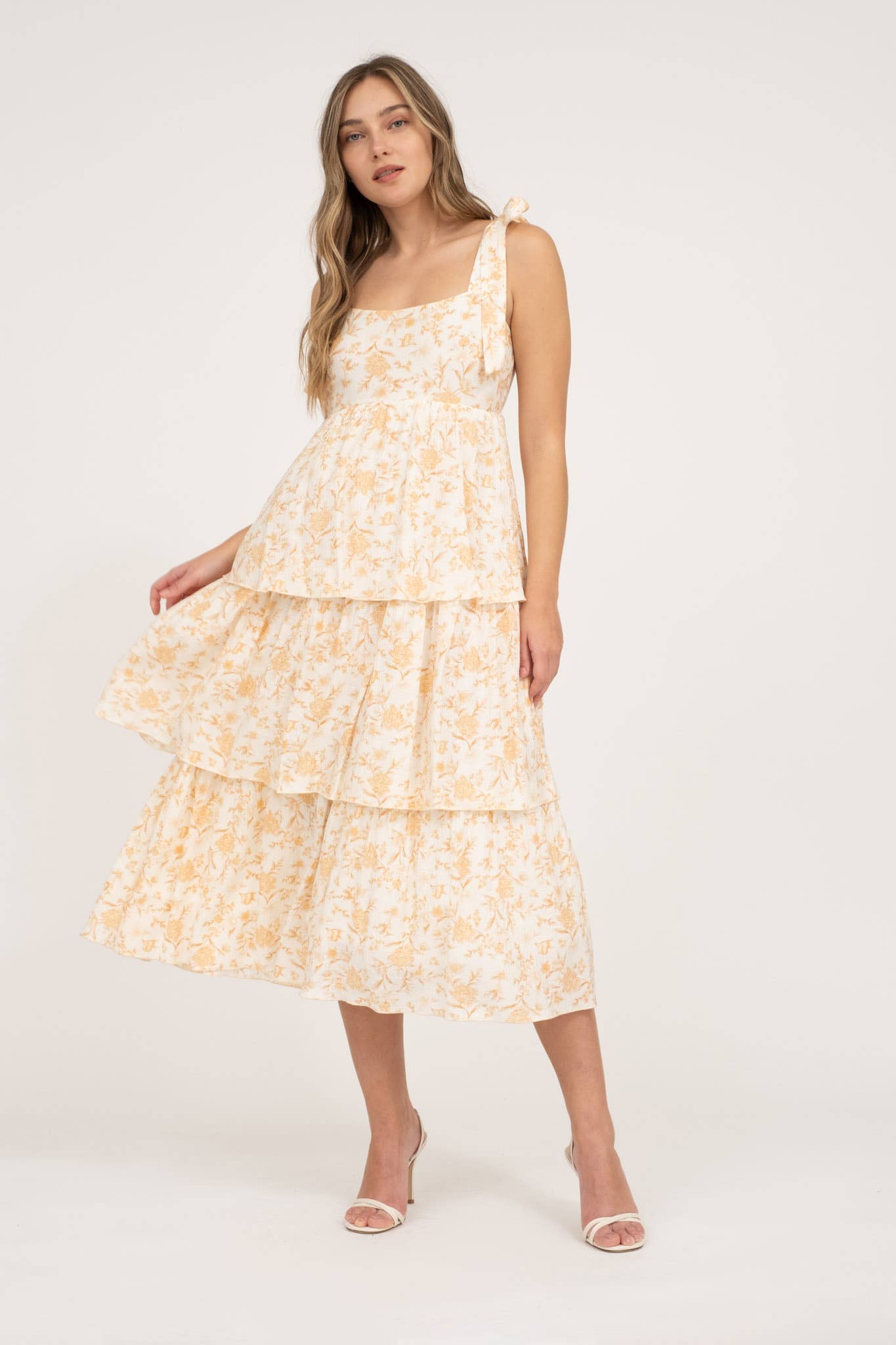 FELICITY FLORAL TIE STRAP RUFFLE TIERED MIDI DRESS