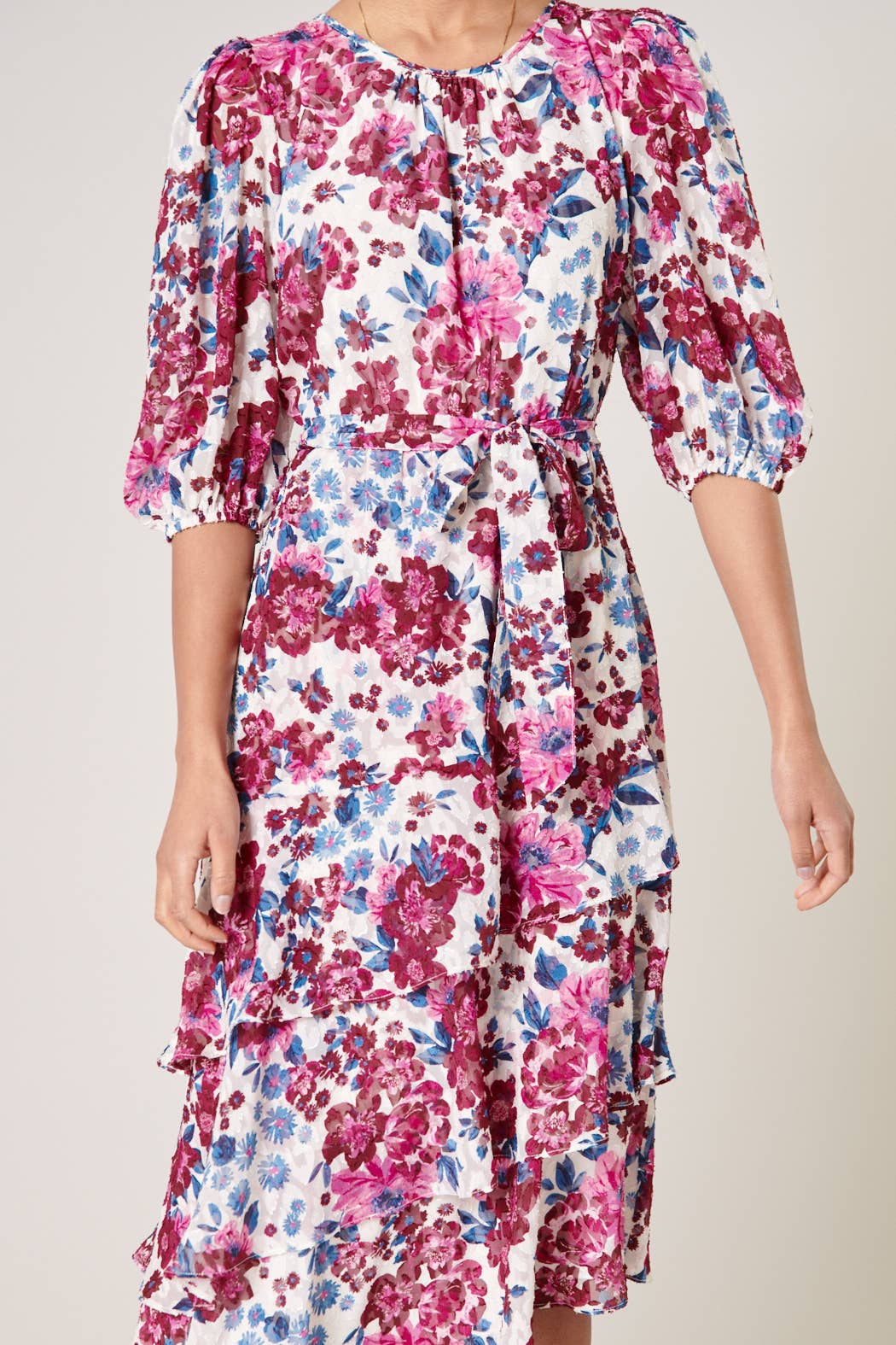Monique Floral Asymmetrical Ruffle Celia Midi Dress