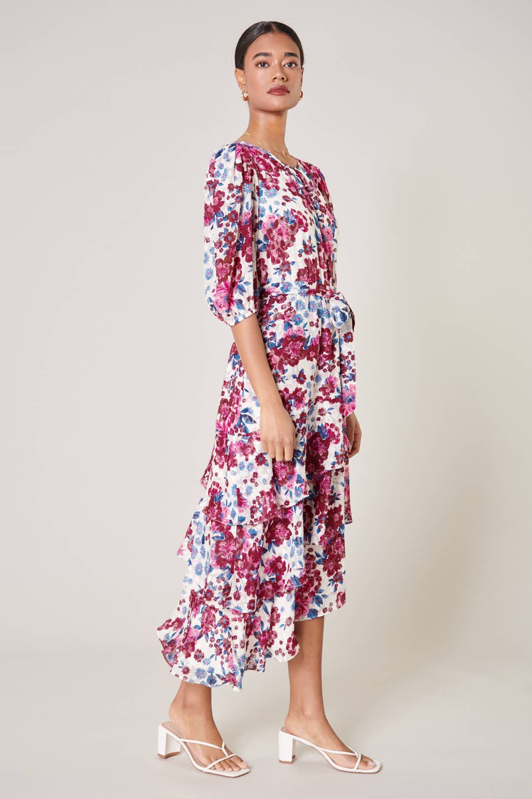 Monique Floral Asymmetrical Ruffle Celia Midi Dress