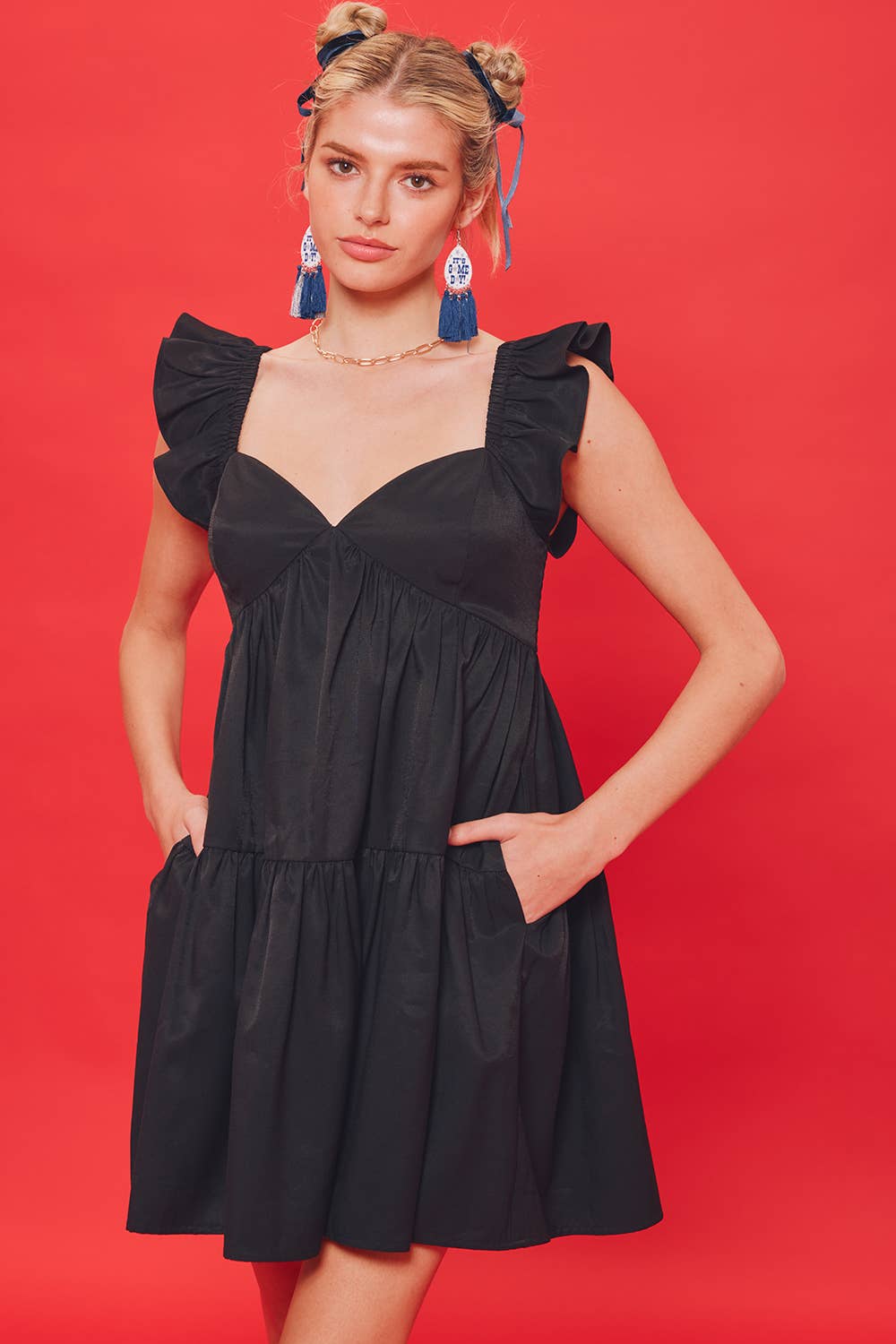 RUFFLED SHOULDER BABYDOLL MINI DRESS