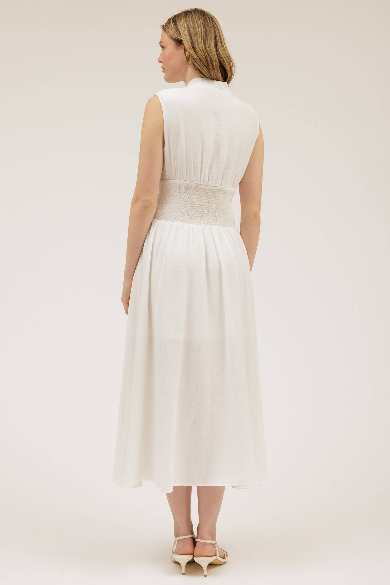 Sylvia SLEEVELESS ZIP-UP SMOCKED WAIST MIDI DRESS