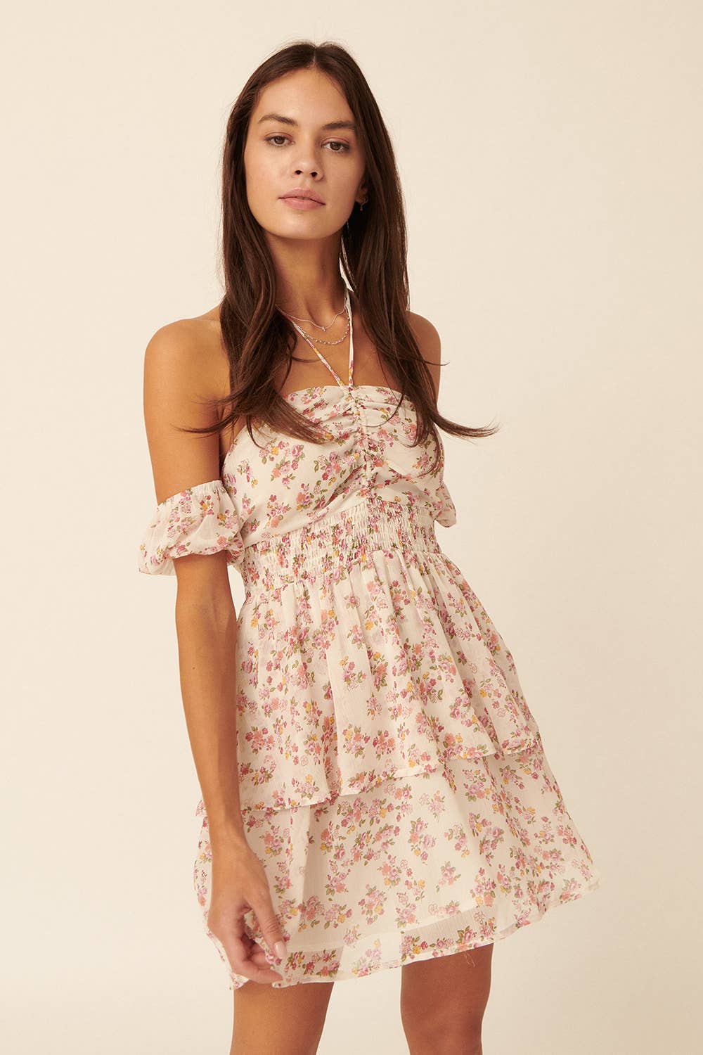 Frankie Floral Halter Off Shoulder Layered Mini Dress