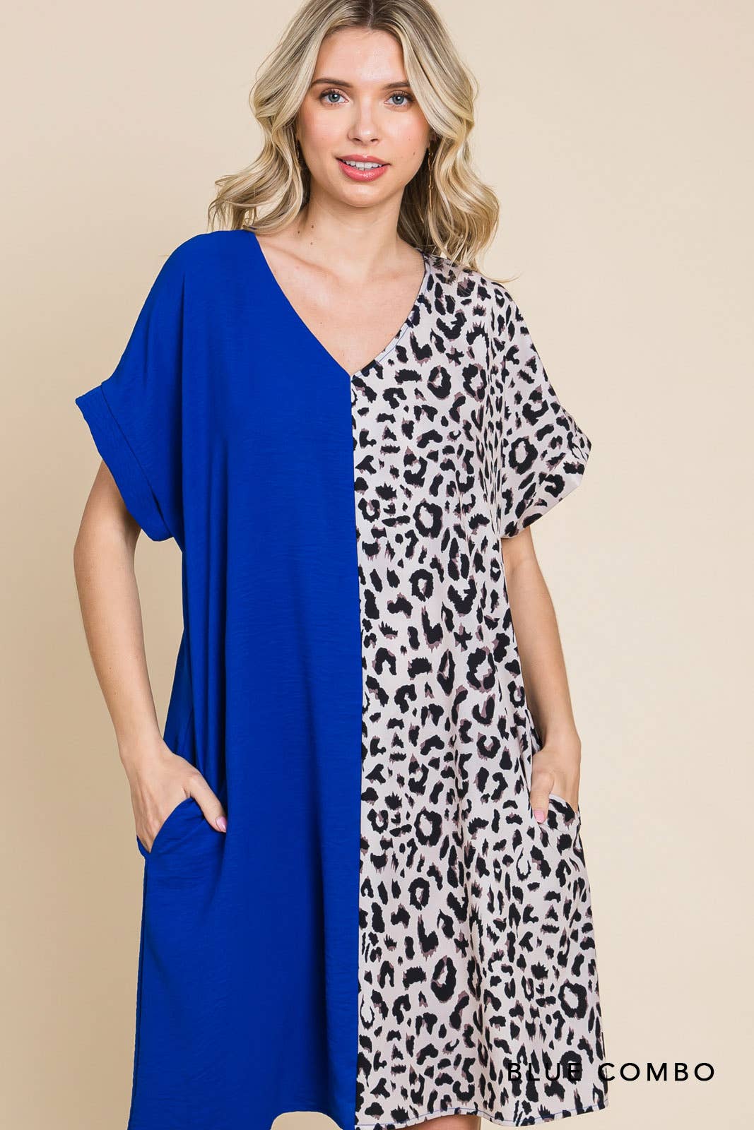 20346W-Air Flow & Leopard Print Color Block V Neck Dress