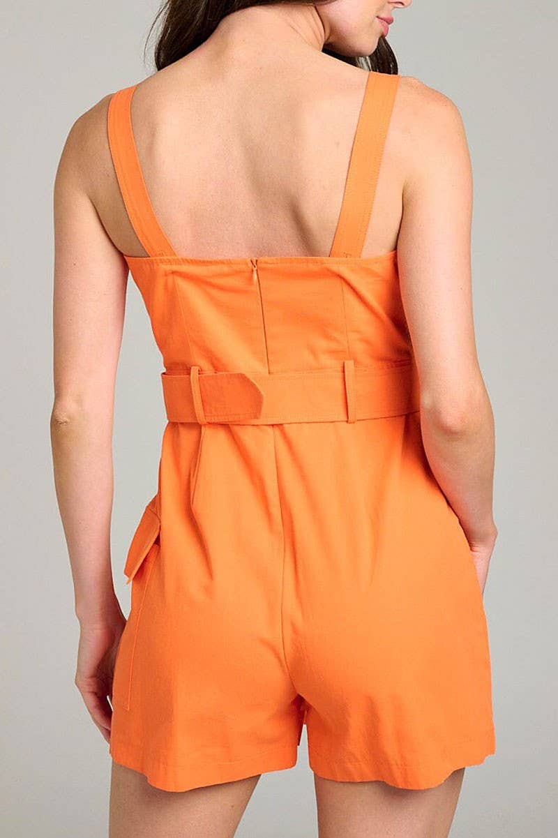 SOLID SURPLICE NECK POCKETS BELTED ROMPER