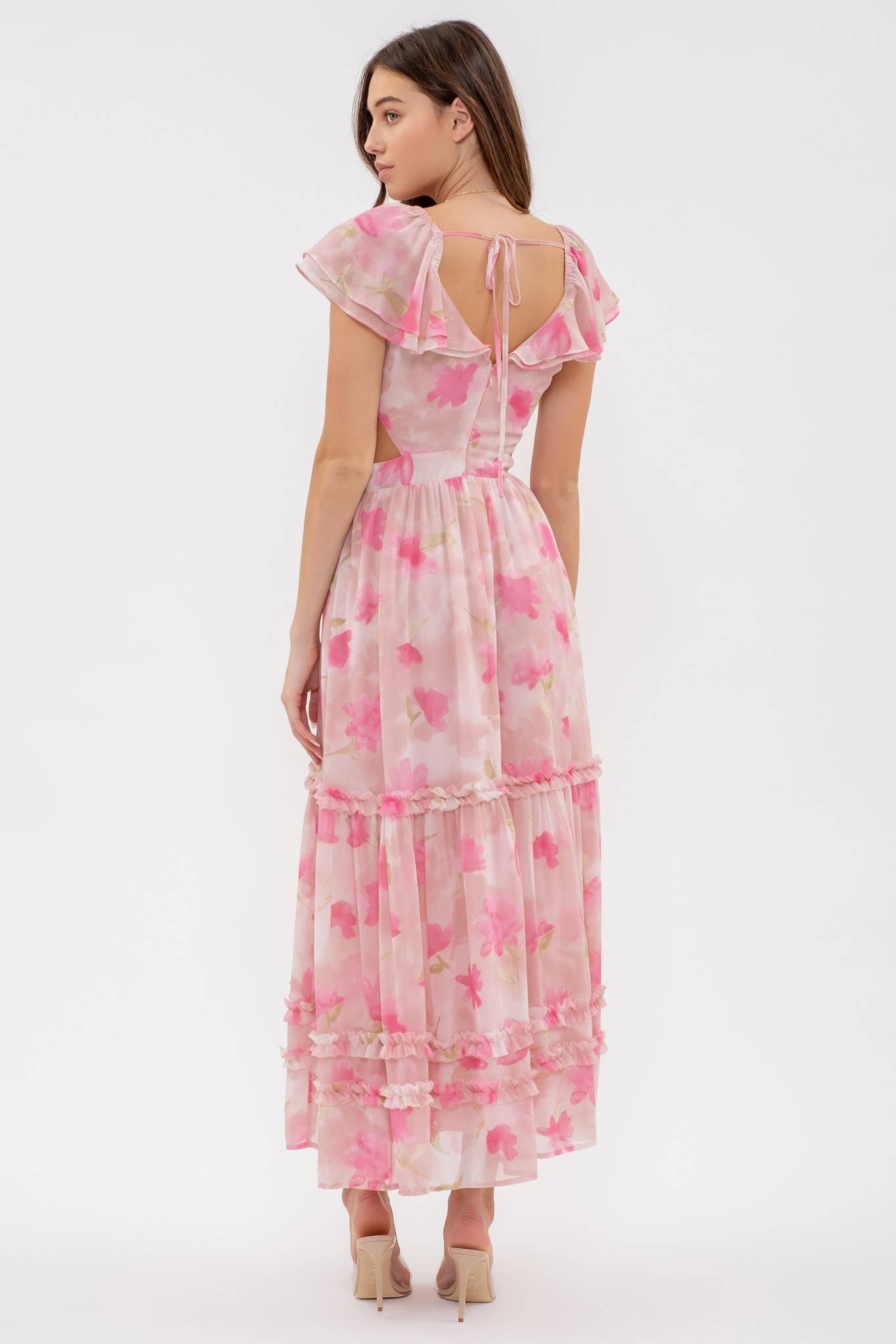 SASHA WAIST CUT OUT RUFFLE MIDI DRESS