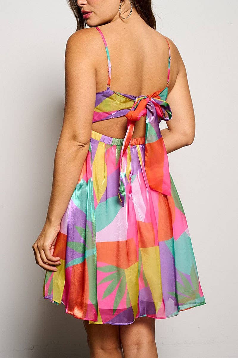 CELINE SLEEVELESS BACK TIE MULTI PRINT FIT & FLARE DRESS