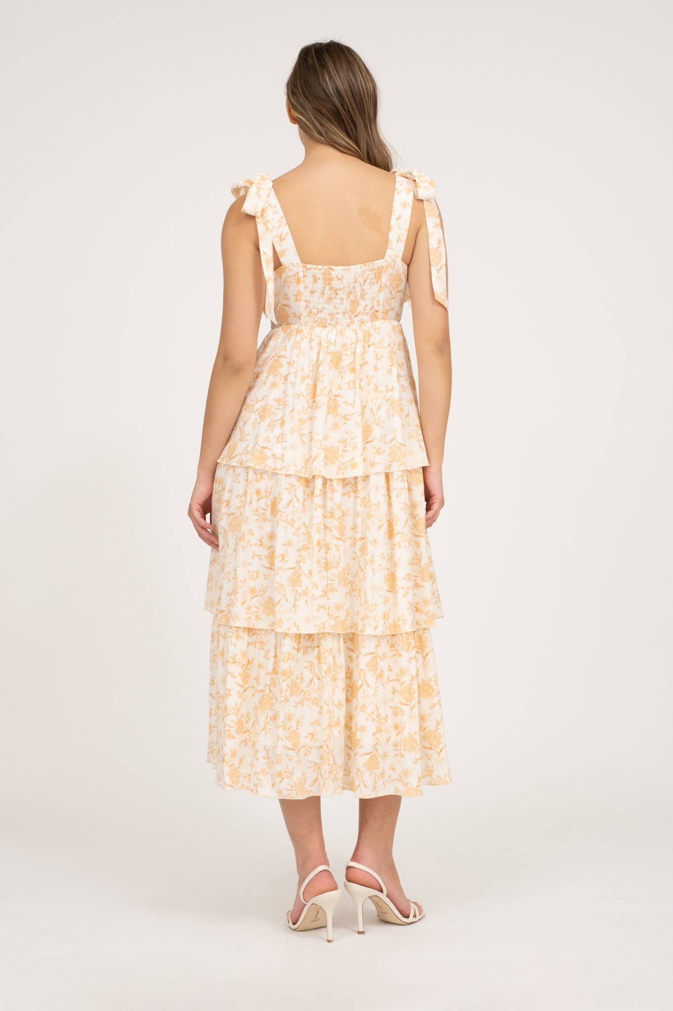 FELICITY FLORAL TIE STRAP RUFFLE TIERED MIDI DRESS