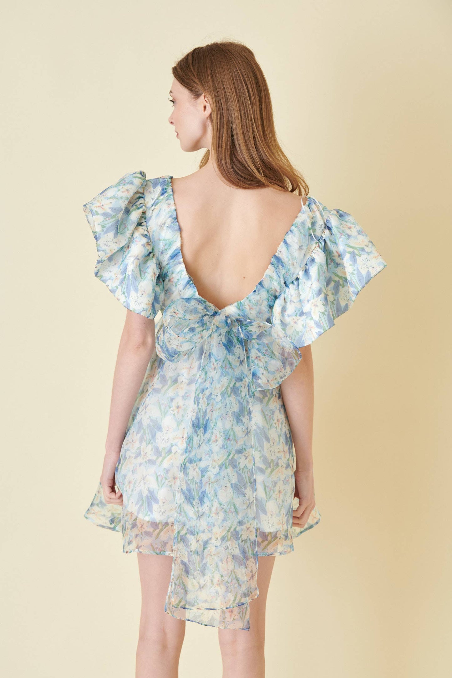 WENDY WATERCOLOR FLORAL ORGANZA BOW TIE MINI DRESS-DI6982FO