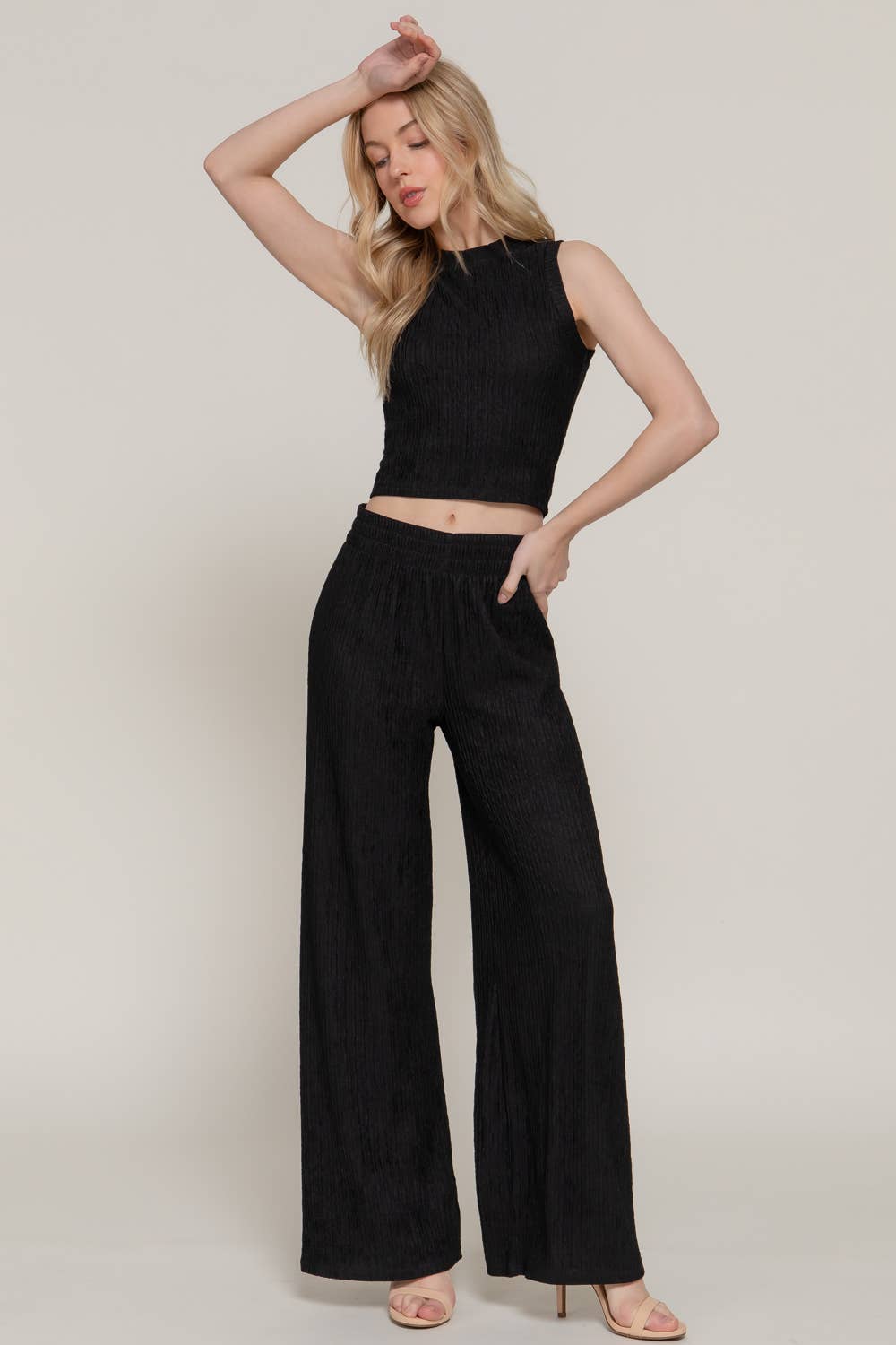 LOUNGE SET Sleeveless Crew Neck Top & Wide Crinkle Knit Pants Set by