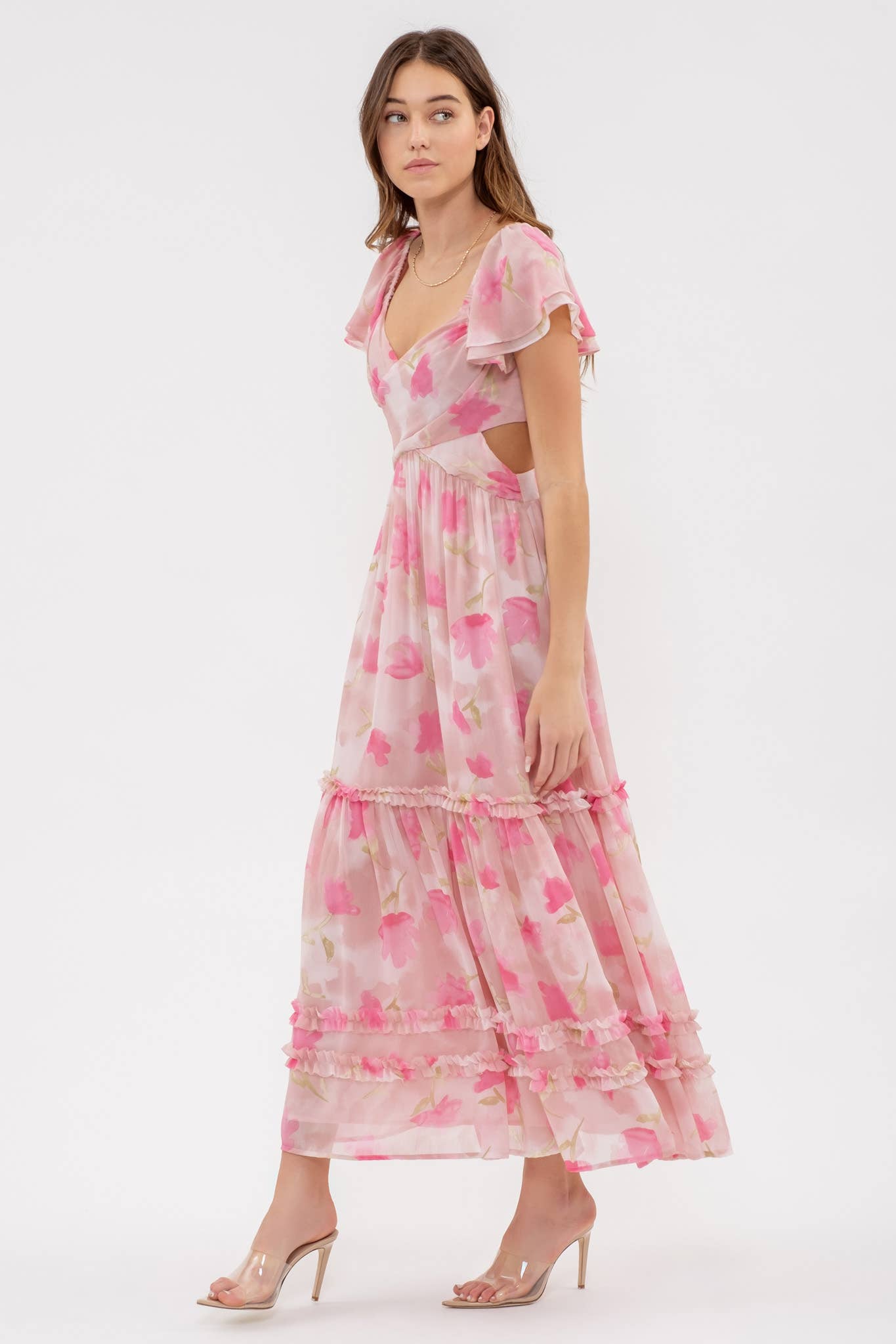 SASHA WAIST CUT OUT RUFFLE MIDI DRESS