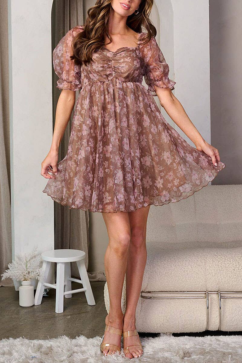 SHORT PUFF SLEEVE BABYDOLL FLORAL MINI DRESS