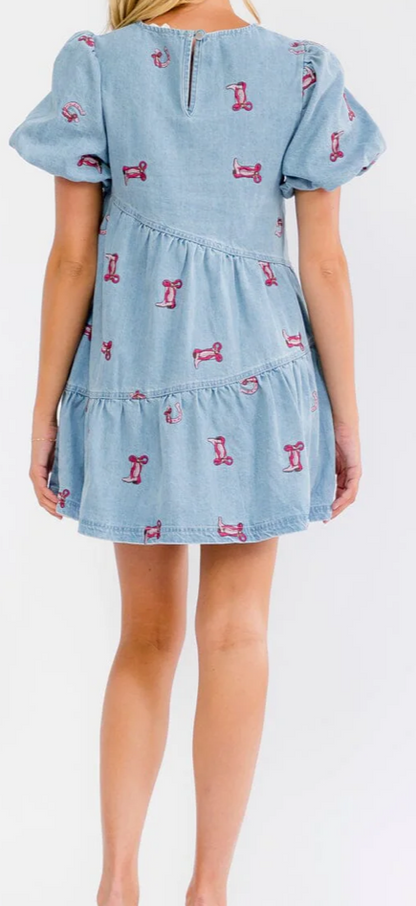 Lucky boots embroidered denim dress