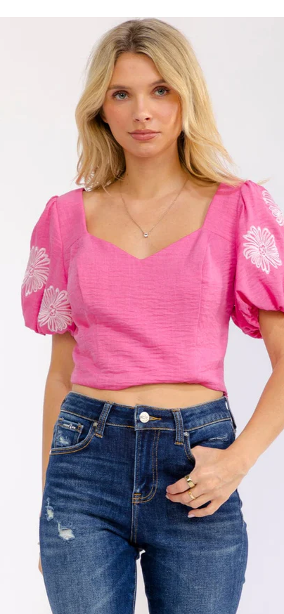 Ellen Embroidered v neck crop top smocked back