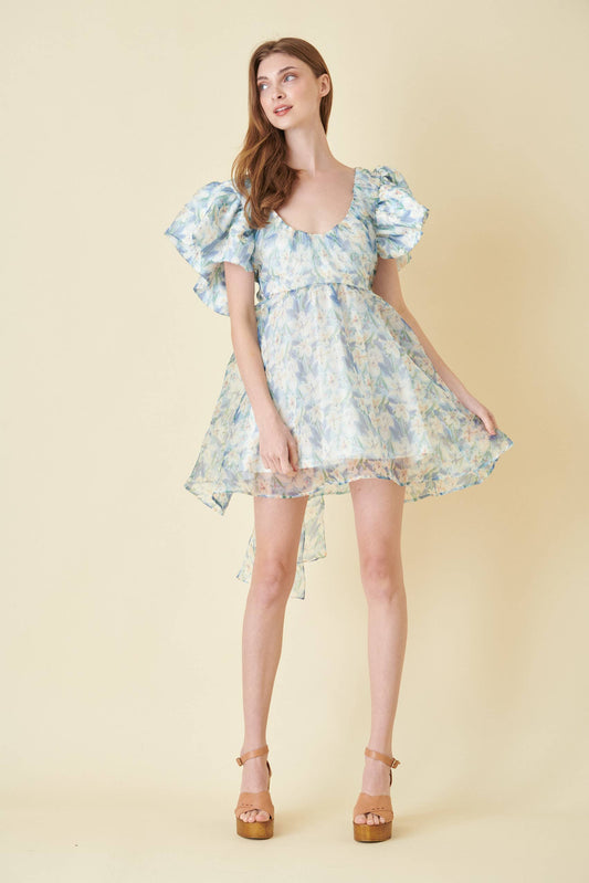 WENDY WATERCOLOR FLORAL ORGANZA BOW TIE MINI DRESS-DI6982FO