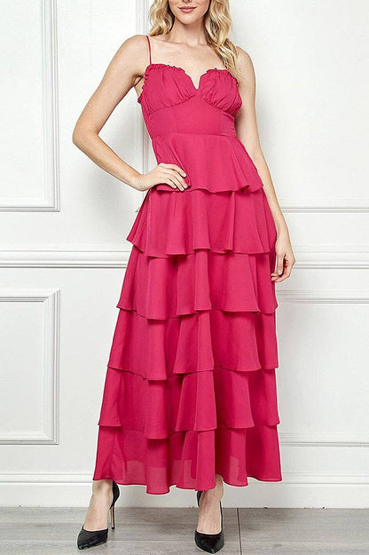 SLEEVELESS V-NECK RUFFLE TIERED MAXI DRESS