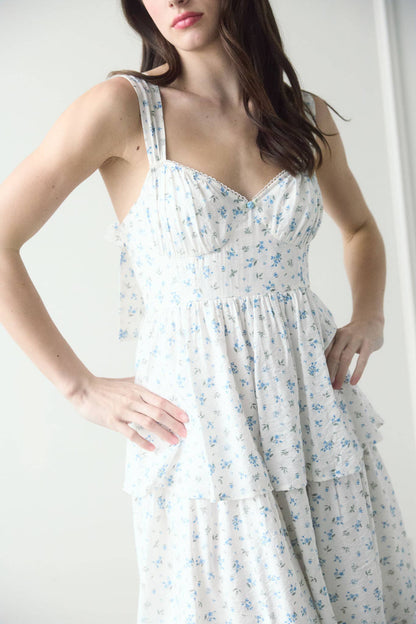 Fabiola FLORAL SLEEVELESS CORSET RUFFLE TIERED MIDI DRESS