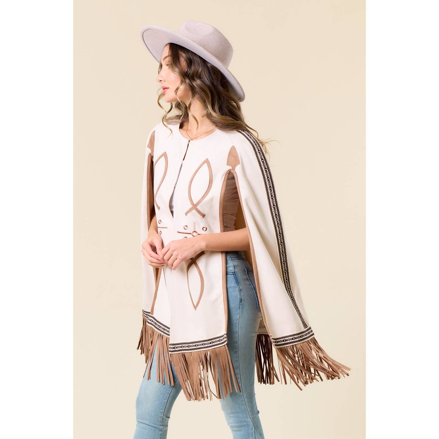 Carrie CREAM FRINGED CAPE WITH EMBROIDERY