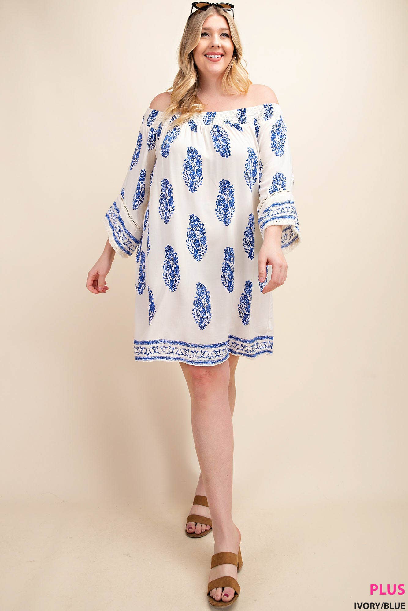 LINDA OFF SHOULDER DRESS WITH BORDER PRINT