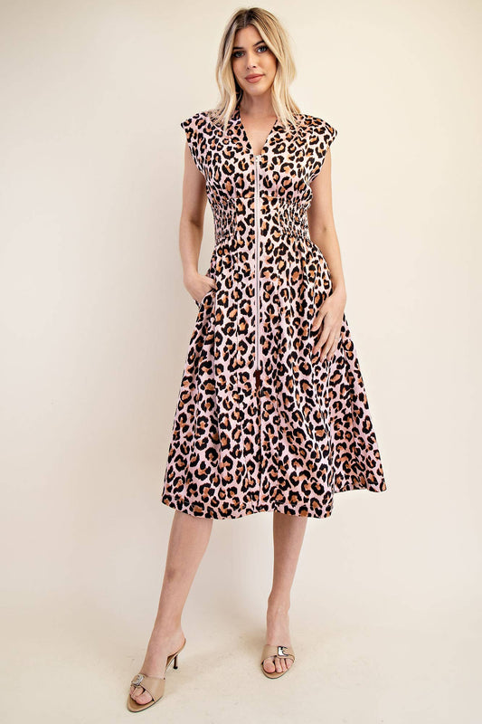 Vada V-Neck Waist Smocked Front Zipper Midi Dress