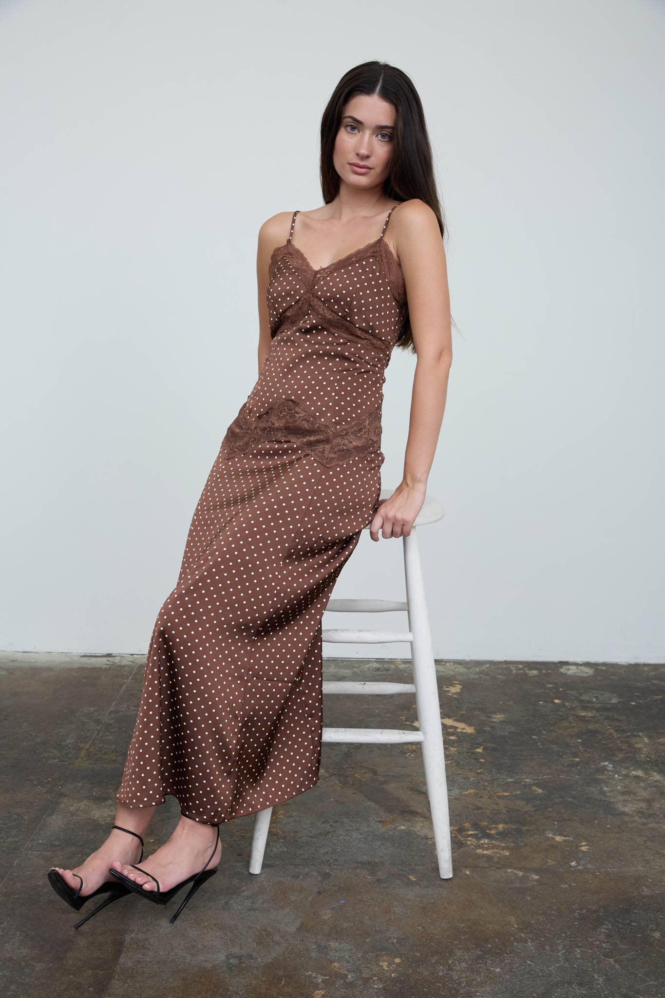 Dot your heart out LACE TRIM SPAGHETTI STRAP MIDI DRESS