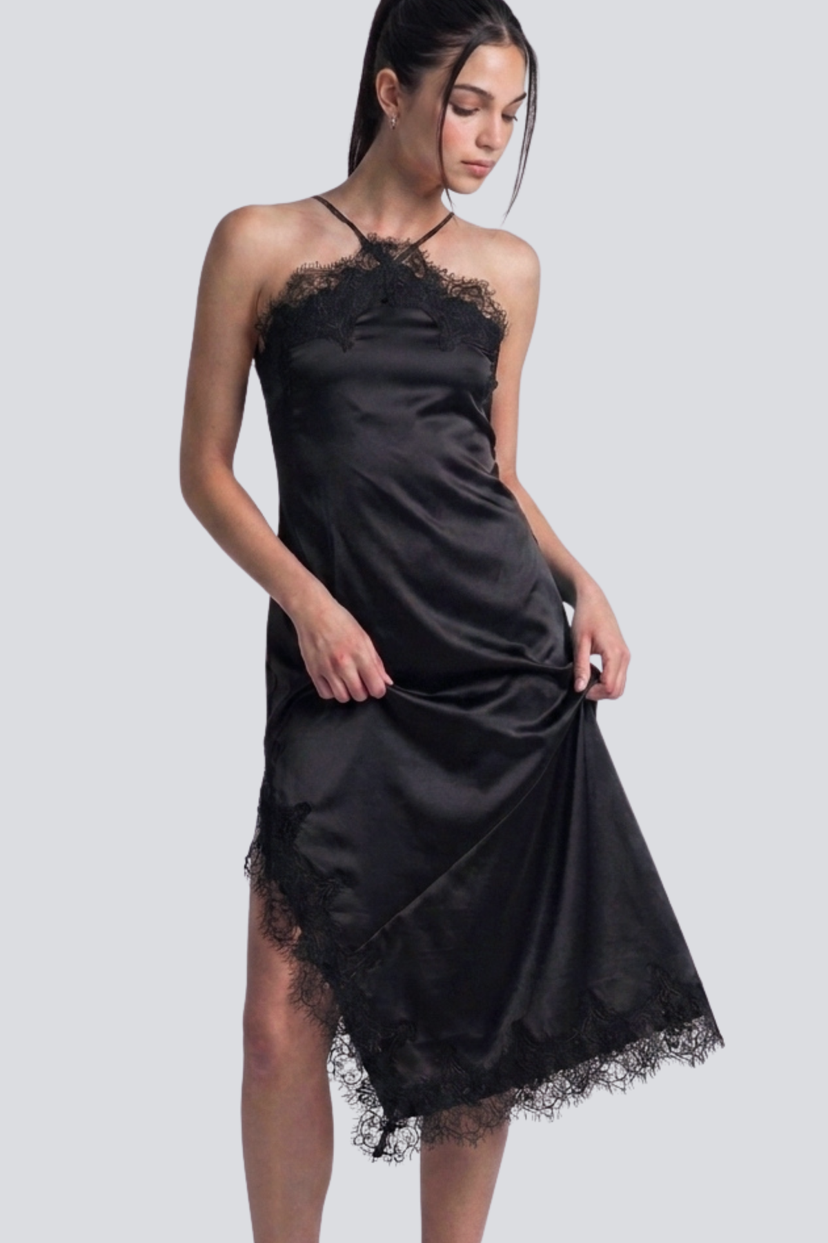 Halsey Halter-neck Lace Trim Midi Slip Dress