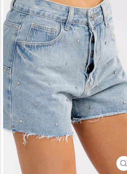 Raw edge denim rhinestone shorts