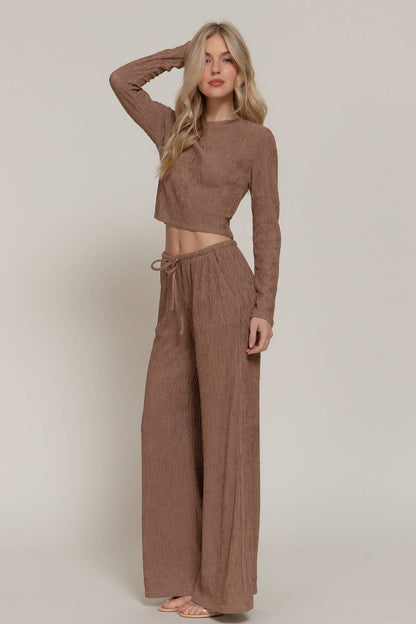 LOUNGE SET Long Sleeve Crew Neck Top & Waist Tie Long Pants Set