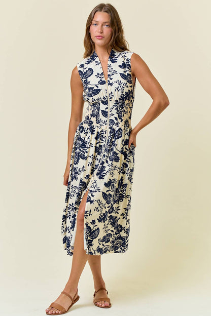 SAHARA PAISLEY V-NECK SMOCKED WAIST ZIP FRONT MIDI DRESS