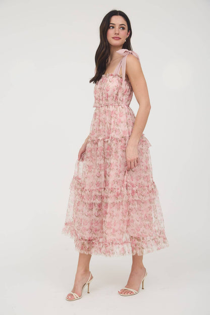 FAITH FLORAL TIE STRAP RUFFLE TRIM TIERED MAXI DRESS
