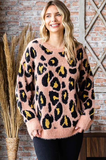 Lenny Leopard  Round Neck Sweater Top