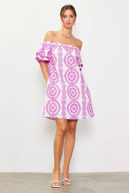Elle Embroidered Eyelet Off Shoulder Dress
