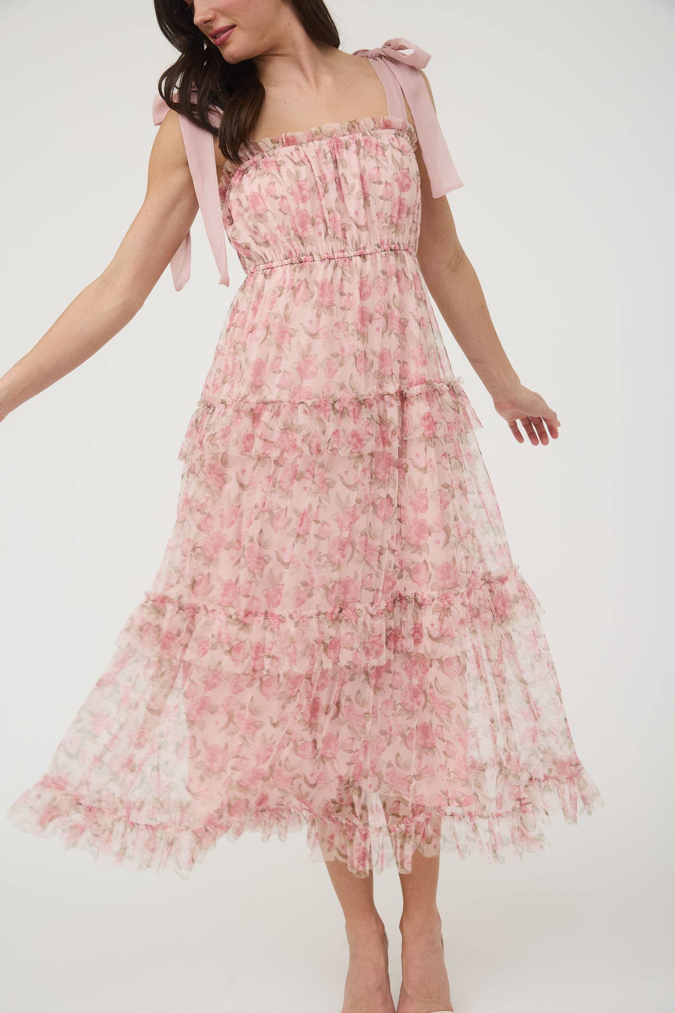 FAITH FLORAL TIE STRAP RUFFLE TRIM TIERED MAXI DRESS