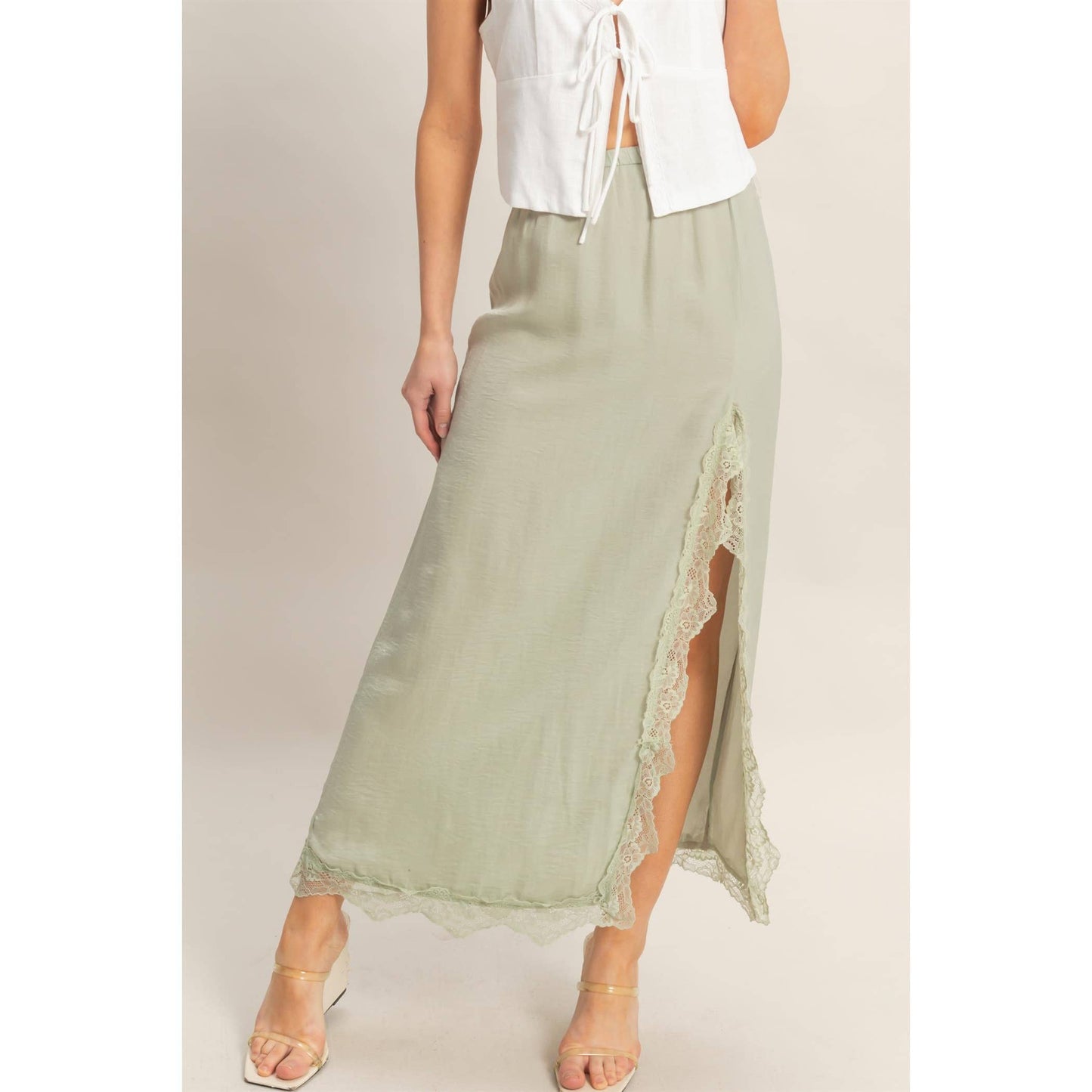 Skirt With Front Slit And Lace Hem