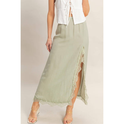 Skirt With Front Slit And Lace Hem